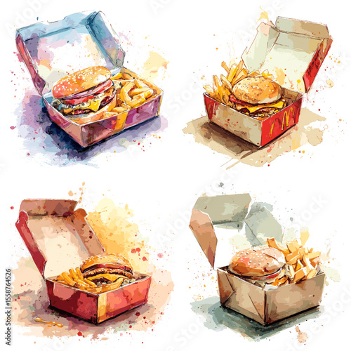 Watercolor illustration of fast food burgers with fries in takeout boxes, perfect for menu design, packaging, or food-themed creative projects.

