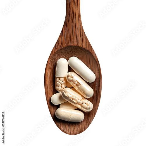 PNG, A wooden spoon with collagen, isolated on fully transparent png background