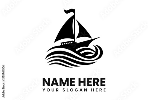 Black and white logo of a sailboat sailing on wavy water with a flag on top.