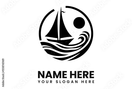 A stylized sailboat navigating wavy ocean waters under a sun, encircled in a minimalist logo design.