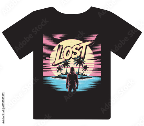 Lost Traveler on Tropical Island Sunset T-shirt Design