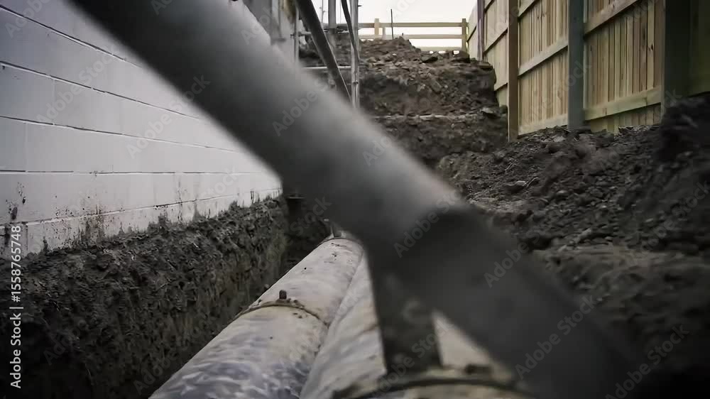 View of two large pipes running through a trench next to a building and wooden fence outside area