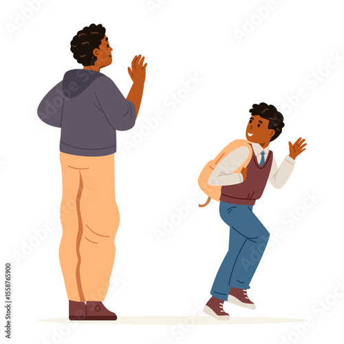 African American father escorting primary school son to school waving, saying good buy flat vector illustration isolated on white.