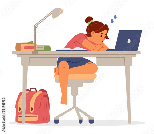 Tired primary school girl having problems while studying and doing homework flat vector illustration isolated on white.