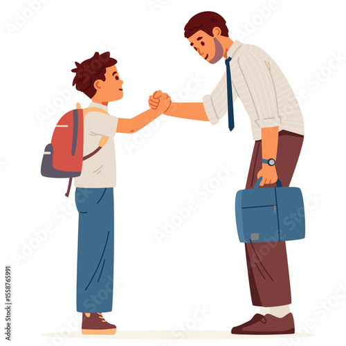 Father escorts primary school son in uniform with backpack before work or meets him from school shaking hands flat vector illustration isolated on white.
