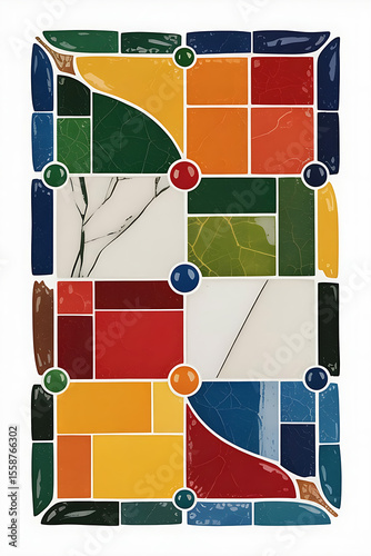 Colorful stained glass design, geometric shapes, vibrant hues.
