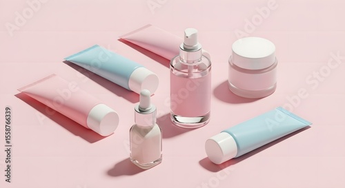 Pastel skincare set arranged on a pink surface showcases calming beauty and self-care ambiance.