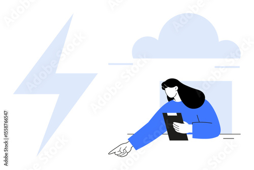 Woman in blue shirt holding clipboard, pointing toward direction. Cloud and lightning bolt elements suggest power, connectivity, or energy. Ideal for innovation, tech, leadership, teamwork energy