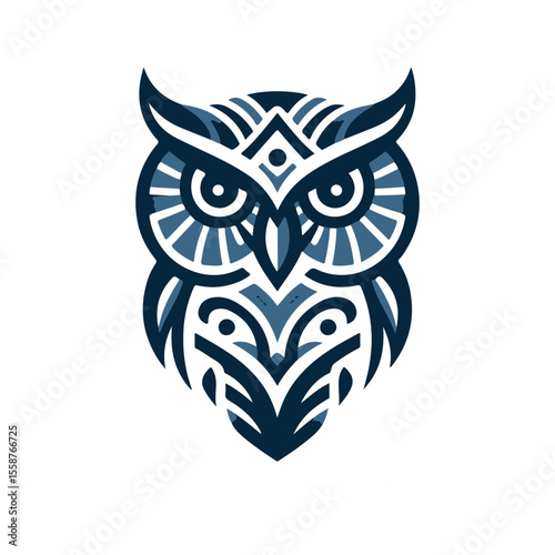 Modern owl face tribal tattoo in dark blue, flat color, white background