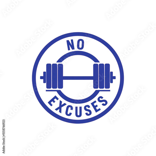 Motivational fitness emblem with a barbell and the phrase no excuses in a circle