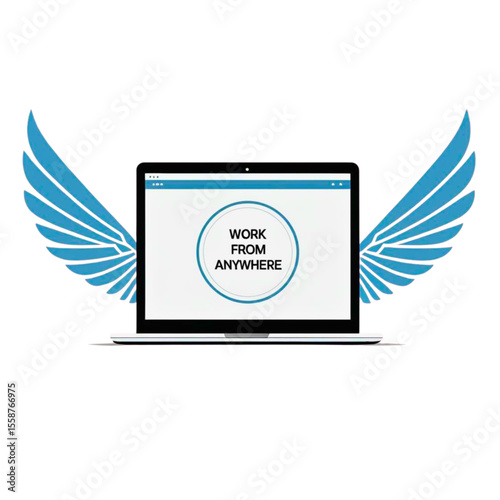 Laptop with blue wings and work from anywhere text symbolizing freedom and remote work opportunities