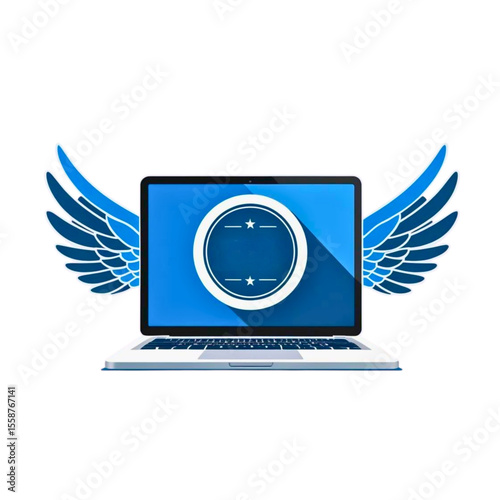Laptop with blue wings symbolizing freedom and the ability to work from anywhere