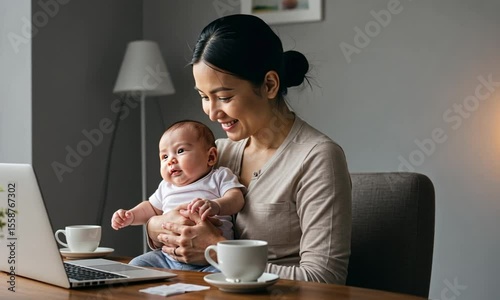 A woman sits at a table, holding a baby, and using a laptop.  A cup of tea is near the laptop