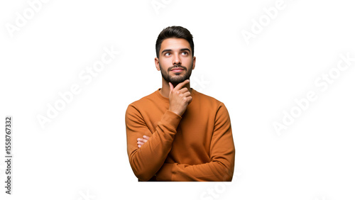 Thinking, face and asian man with decision on isolated, transparent and png background. Why, questions and male person with doubt emoji for choice, consider or confused by solution or problem solving