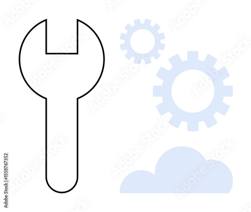 Wrench with gears and cloud graphic suggesting repair, cloud storage, settings, and innovation. Ideal for technology, cloud computing, maintenance, engineering, support solutions simple flat