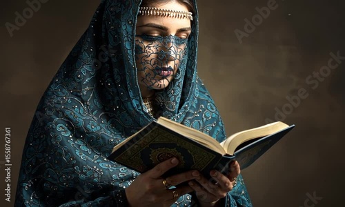 A woman in traditional attire, reading a holy book