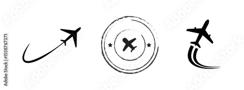A distressed circular stamp with a silhouette of an airplane and two stars inside isolated on transparent background