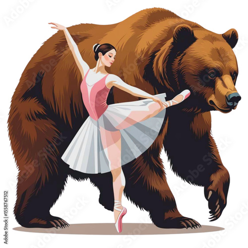 Graceful ballerina performs a dance with a large brown bear in a surreal artistic illustration
