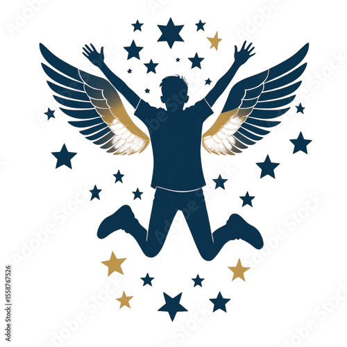 Joyful person with angel wings jumping amidst a field of stars and celestial bodies