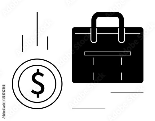 Dollar coin falling alongside a shopping bag, signifying commerce, payments, savings, retail shopping, online purchases, economy consumer behavior. Ideal for fintech e-commerce retail industry. A
