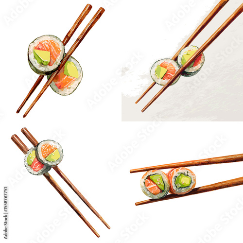 Watercolor sushi roll illustration set with chopsticks, showing salmon, avocado, and rice, ideal for Japanese cuisine and restaurant branding.

