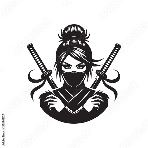 A fierce female ninja, masked and poised, wielding crossed katanas.