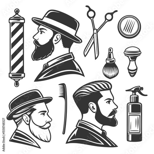 Vintage Barber Shop Icons Classic Haircuts, Beard Styles, and Grooming Tools