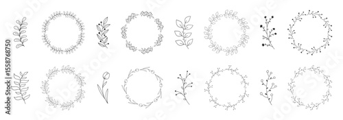 Doodle floral wreaths and branches. Set of black and white botanical wreaths and leaves drawn in minimalist style. Decorative elements for wedding invitations, logos, and greeting cards. Vector 10 EPS