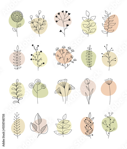 Doodle floral elements on pastel organic shapes. Hand drawn botanical set of whimsical flowers and leaves on soft abstract backgrounds in natural colors. Vector 10 EPS.