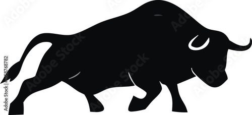 "Charging Angry Bull Silhouette Isolated on White Background"
