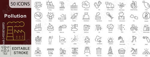 Pollution and Environmental Threat Line Icons: Air, Water, Waste and Climate Change. Editable Stroke