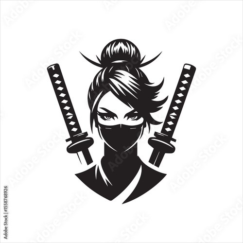 A fierce female ninja, masked and poised, flanked by katana swords.