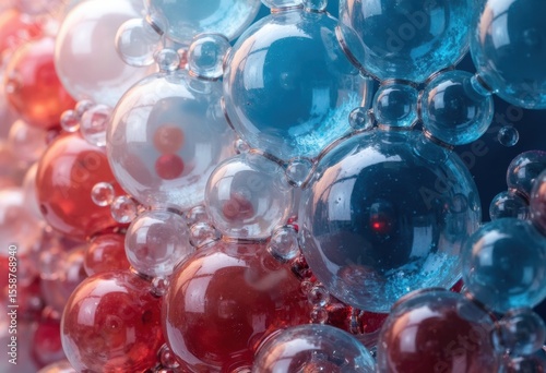 Colorful abstract bubbles in red, blue, and clear tones create a vibrant composition