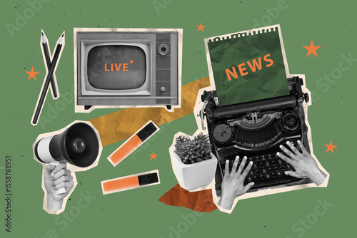 Image pop 3d zine full collage of hands type retro typewriter machine novelist news paper sheet television reportage megaphone marker