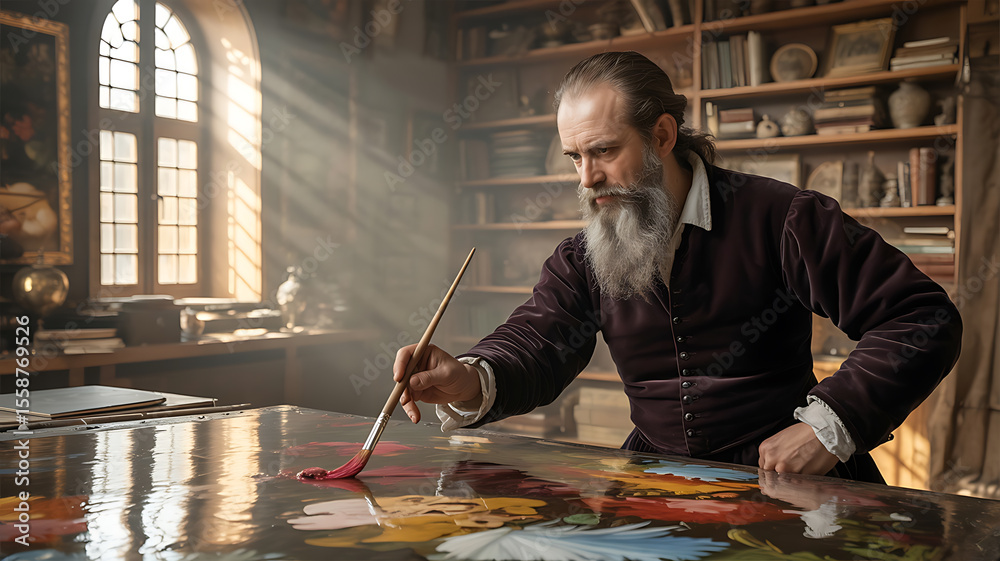 Fototapeta premium Elderly artist paints in a sunlit studio. 