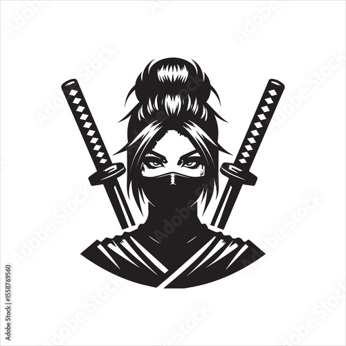 Vector graphic of a woman with a mask and hair bun, two swords behind her, in black and white.