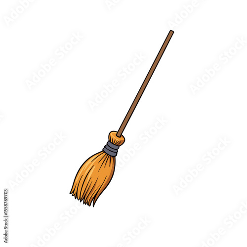 Cartoon broomstick illustration, cleaning tool isolated with copyspace