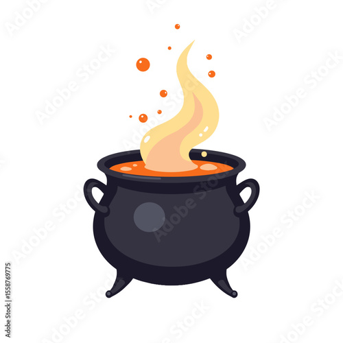 Black cauldron with bubbling potion and flames, Halloween witchcraft symbol