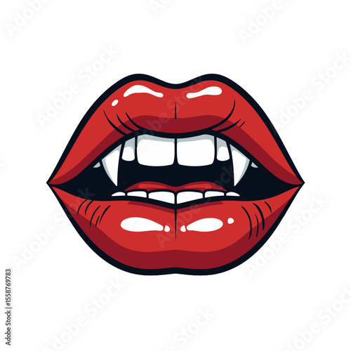 Red vampire lips illustration with fangs, Halloween horror theme