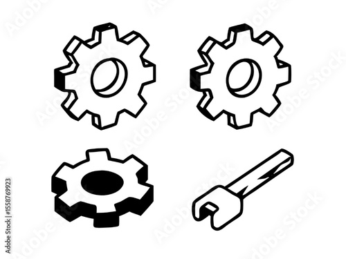 Isometric Gear and Wrench Icons Mechanical Engineering Graphics