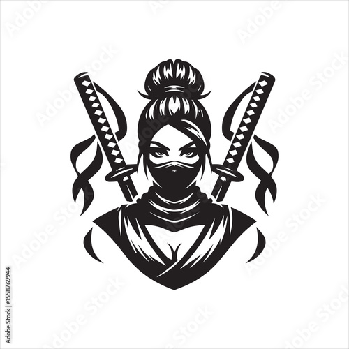 A stylized black and white illustration of a female ninja with two swords.