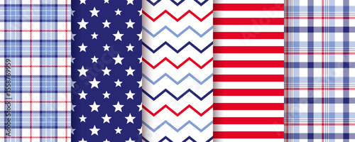 Patriotic seamless pattern. 4th July backgrounds. Happy independence textures. Set of holiday geometric prints with stars and stripes. Blue red wrapping paper. Modern wallpaper. Vector illustration.