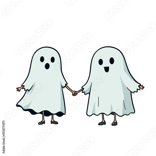 Two cartoon ghosts holding hands, Halloween friendship theme