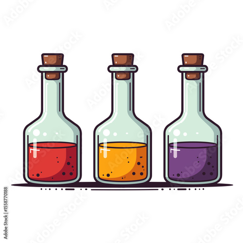 Colorful potion bottles with cork stoppers, fantasy magic illustration