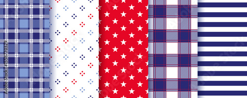 Patriotic seamless pattern. 4th July backgrounds. American Happy independence day prints. Set of USA flag textures. Backdrops with stars stripes and plaid. Blue red wrapping paper. Vector illustration