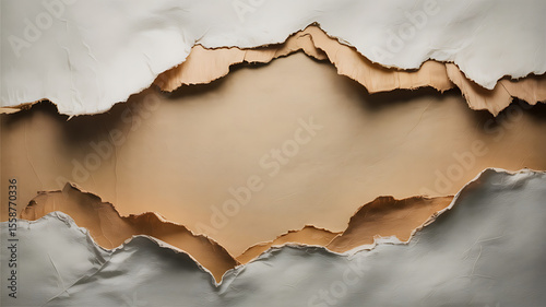 Torn paper reveals a beige surface beneath.
