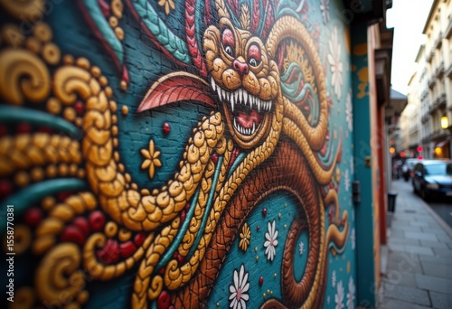 Wallpaper Mural Colorful mural of a fierce dragon painted on an urban wall in a city street scene Torontodigital.ca