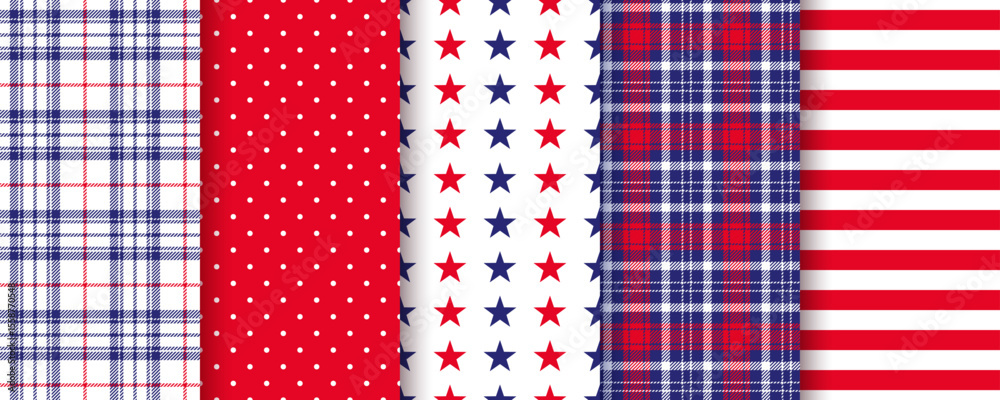 Fototapeta premium 4th July seamless pattern. American backgrounds. Patriotic textures. Happy independence prints. USA flag blue red backdrops with stars and stripes. Set of geometric backdrops. Vector illustration.