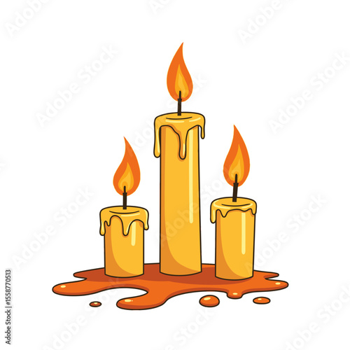 Illustration of three burning candles with melted wax, relaxation and ambiance