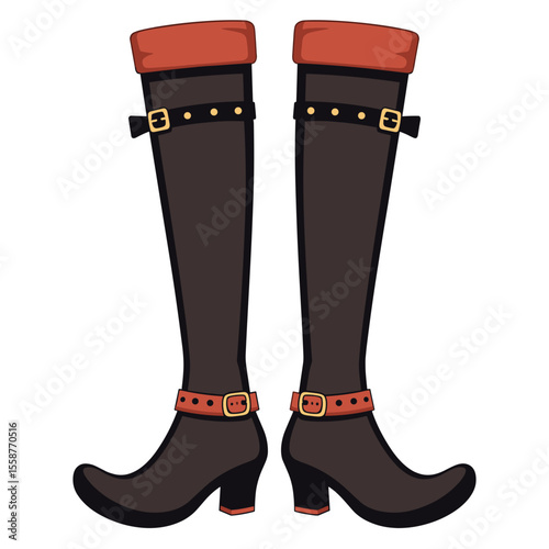 Black knee-high boots with red accents, fashion footwear illustration